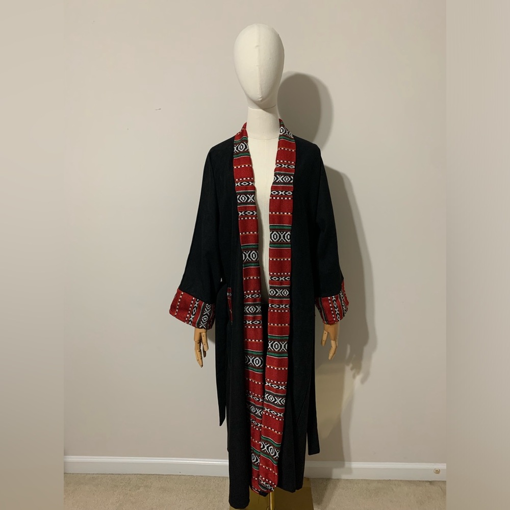 Black Suede Robe Abaya with Red Traditional Arab Embroidery